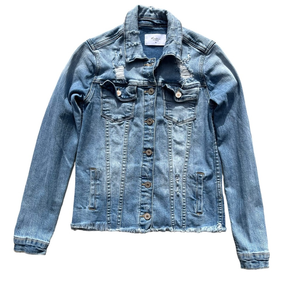 Kancan Women’s Size X-Small Light Wash Jean Frayed Raw Hem Denim‎ Trucker Jacket